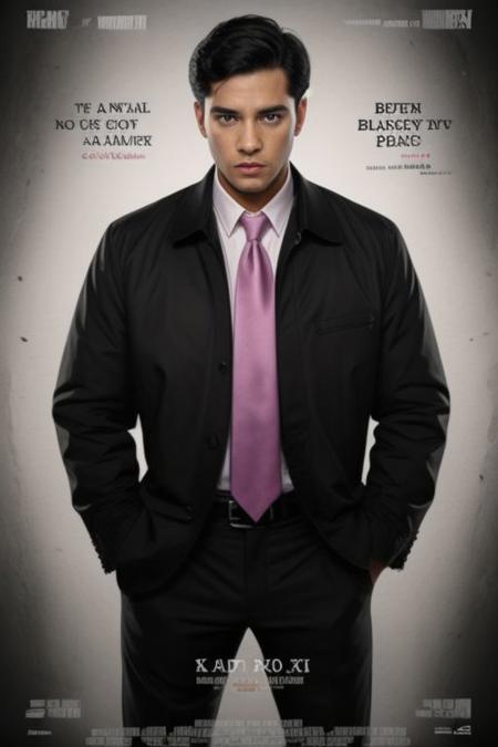 movieposter, 1boy, male focus, necktie, watch, wristwatch, jacket, black hair, shirt, english text, black necktie, looking at viewer, black jacket, pants, formal, solo, black pants, cover, suit, collared shirt, standing, copyright name, clenched hands, pink background, white shirt, short hair, layout design, font design, 1boy, male focus, necktie, watch, wristwatch, jacket, black hair, shirt, english text, black necktie, looking at viewer, black jacket, pants, formal, solo, black pants, cover, suit, collared shirt, standing, copyright name, clenched hands, pink background, white shirt, short hair, title, movie poster, design layout