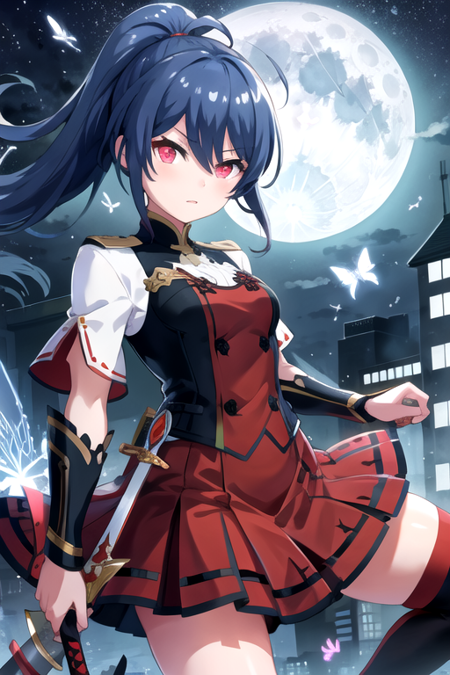 <lora:2Misaki-06:0.7>,misakiptd, 1girl, solo, long hair, looking at viewer, skirt, red eyes, thighhighs, holding, blue hair, ponytail, weapon, sky, sword, night, glowing, moon, bug, building, butterfly, night sky, full moon