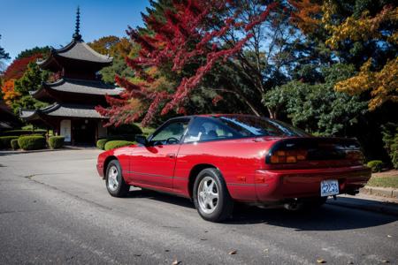 NSSN240SX , parked in front of a japanese pagoda, fall weather, ultra wide angle, masterpiece, award winning, sunset, beautifully detailed fall foliage, cinematic lighting, style-autumn:1.0, sharp focus, smooth, intricate details, 8k wallpaper, trending on artstation    <lora:NSSN240SX:0.8>