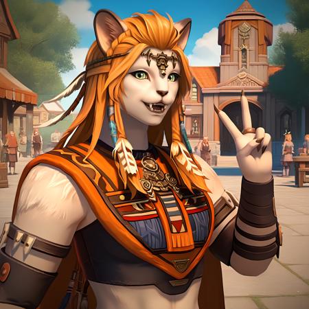 wuklamat, (furry female:0.7), green eyes, long orange hair tribal armor, circlet, brown armguards, brown legguards, brown sandals