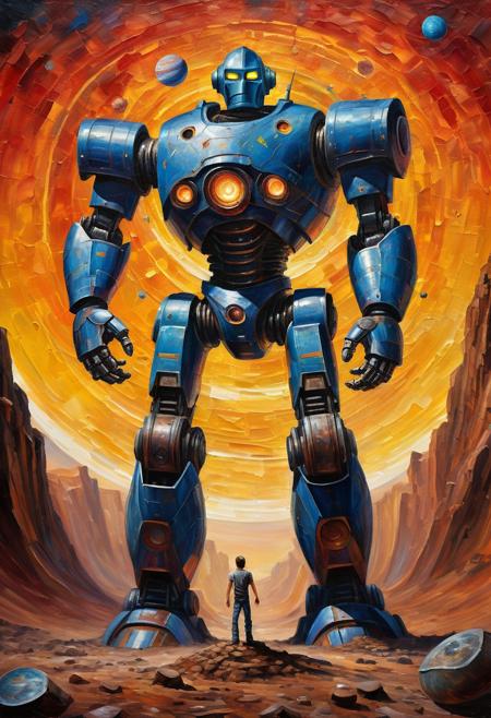 (impasto, oil painting: 1.2) A colossal robot, larger than planets, stands between two colliding worlds. With outstretched arms, it holds the planets apart, preventing a catastrophic impact. The scene captures immense strength and determination, with cosmic energy radiating from the robot as it maintains the delicate balance.