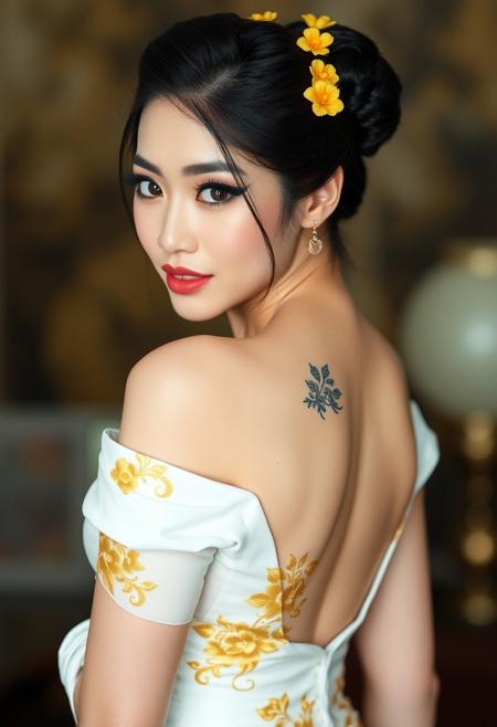 a gorgeous 25 years old asian woman, very pale skin, black very long hair in elegant updo with yellow flower hairpins, long black eyelashes, black mascara, black eyeliner define her big beautiful dark green eyes, golden glittering eyeshadow, luscious sensual pink glossy lips, rouge, sexy curves, big breasts, very long elegant white dress with golden flower pattern, turns her head at viewer elegantly, back floral tattoo designs, hides her nudity by showing only the back