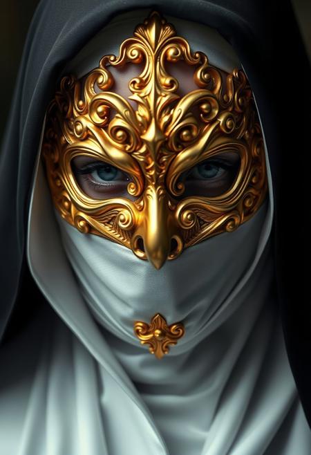 Imagine a breathtakingly detailed, photorealistic digital artwork of a nun’s face, rendered with stunning clarity using Panavision Prime-style optics. The nun’s face emerges, partially shadowed, beneath her traditional white habit and black veil. But this is no ordinary portrait—her face is adorned with a dazzling, golden, intricately carved mask that hints at both glamour and mystery, veiling her true expression beneath. The mask’s ornate designs spiral into almost grotesque beauty, adding an otherworldly allure. The contrast between her solemn attire and the lavish, opulent mask creates an eerie elegance, blending fashion with an air of thrilling suspense. The entire scene feels almost cinematic, evoking both the thrill of secrecy and the seduction of high fashion.