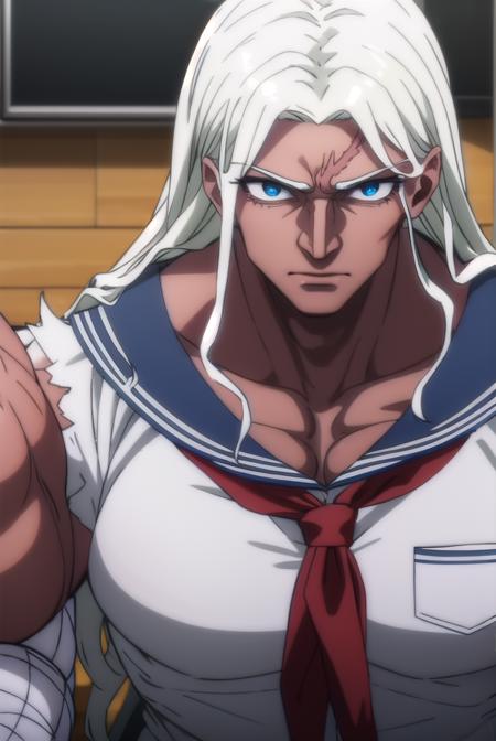 sakuraoogami, <lora:sakura oogami s1-lora-nochekaiser:1>,
sakura oogami, long hair, white hair, dark skin, dark-skinned female, muscular, scar, muscular female,
BREAK shirt, school uniform, serafuku, sailor collar, bandages, blue sailor collar, bandaged arm,
BREAK indoors, classroom,
BREAK looking at viewer, (cowboy shot:1.5),
BREAK <lyco:GoodHands-beta2:1>, (masterpiece:1.2), best quality, high resolution, unity 8k wallpaper, (illustration:0.8), (beautiful detailed eyes:1.6), extremely detailed face, perfect lighting, extremely detailed CG, (perfect hands, perfect anatomy),