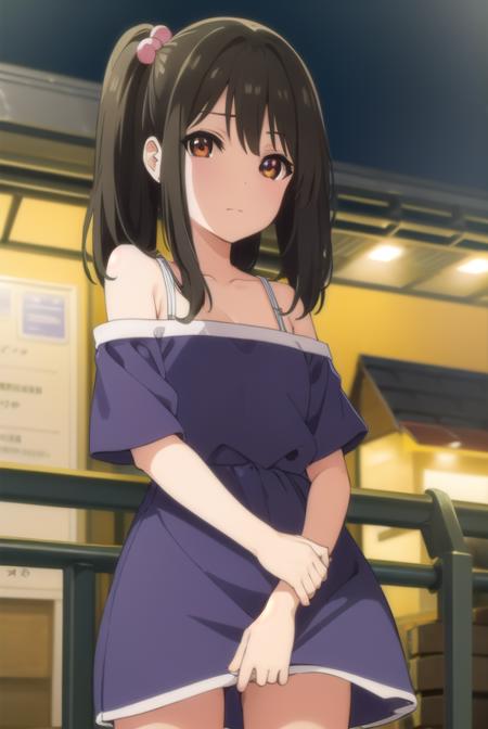 tenka adachi, black hair, (brown eyes:1.3), side ponytail, long hair, hair bobbles, shorts, off shoulder, dress, purple dress,