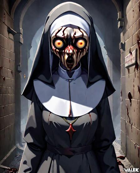 Stylized anime artwork, (valek\(the nun\)), creepy nun, eyes gouged, greasy skin, ill, absurd res, defiled, unclean, unholy, (thin crusty lips), evil, possessed, rot, decay, digital painting, anime studio, masterpiece, Best quality, high detail, subsurface scattering, cinematic lighting, in shadow, scream <lora:SDXL_Creepy_Nun:1.0>