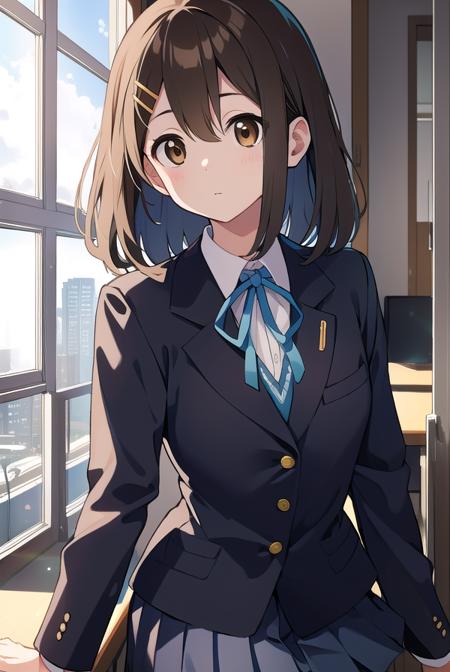 yuihirasawa, <lora:yuihirasawatest:1>, yui hirasawa, (brown eyes:1.5), brown hair, hair ornament, hairclip, medium hair, (flat chest:1.2), BREAK black pantyhose, blazer, blue jacket, blue ribbon, blue skirt, buttons, collared shirt, jacket, long sleeves, neck ribbon, pantyhose, pleated skirt, ribbon, sakuragaoka high school uniform, school uniform, shirt, skirt, white shirt, winter uniform, BREAK looking at viewer, BREAK indoors, classroom, BREAK <lora:GoodHands-vanilla:1>, (masterpiece:1.2), best quality, high resolution, unity 8k wallpaper, (illustration:0.8), (beautiful detailed eyes:1.6), extremely detailed face, perfect lighting, extremely detailed CG, (perfect hands, perfect anatomy),