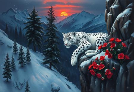 Vibrant brushstrokes dance across the canvas as a majestic white snow leopard lies precariously close to the edge of a rugged cliff. Its paws dangle down amidst crimson flowers blooming in the snow, surrounded by towering fir trees against the somber backdrop of black winter mountains. As night falls, the air is heavy with darkness and gloom, yet a hint of burgundy sunlight lingers on the horizon, casting an ethereal glow across the scene. Winter's chill is palpable as snowflakes gently fall, capturing every detail in high definition.