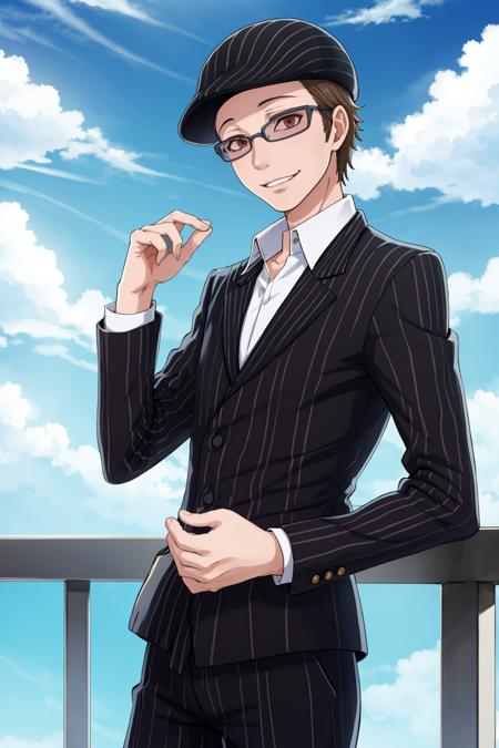 masterpiece, best quality, solo, 1boy, smile, looking at viewer, <lora:Joe_Fp:1>, joedesu2, suit, collared shirt, pinstripe pattern, glasses, hat, pants,  <lora:FE-ENGAGE S Rank_Fp:1>, sky, cloud