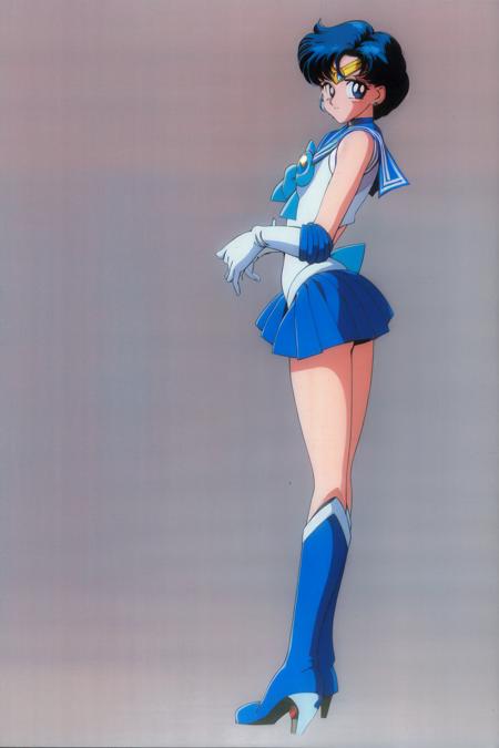 masterpiece, best quality, <lora:last sailor mercury:0.7>, 1girl, blue eyes, blue hair, earrings, gloves, leotard, pleated skirt, short hair, white gloves, miniskirt, sailor collar, choker, brooch, bowtie, bow, blue skirt, knee boots, full body, high heel boots, sailor senshi uniform, tiara, kneepits, 1990s \(style\), sailor mercury, anime