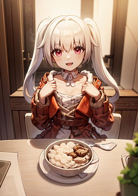 <lora:ClaraStarRailMBWLORAV1:1><lora:povAcrossTable_v008Beta:0.8>starclara, pov, across table, kitchen, ice cream, red coat, white dress, white choker, (twintails,:1.4), best quality, highly detailed eyes, red eyes, 1girl, solo, white hair, indoors, open clothes, long sleeves, fur trim, smiling, small breasts, flat chest, petite, belt