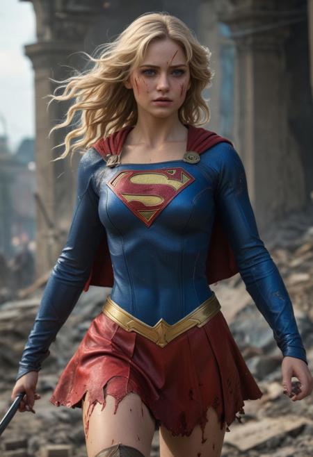 High resolution ultra-realistic of beautiful Supergirl with wavy blonde hair, Greg Rutkowski, Intricately Designed Handsome dirty bloody face, Realistic beautiful blue eyes, Atrractive 21 years old woman, clad in intricate dirty torn combat costume, red mini skirt, blood-smeared, DC Comics elements, Standing on the battlefield in the bloody carnage, burning ruins of buildings, fighting pose, full body, Intricately Designed combat costume, 8K, ultra-realistic body, Beautiful Warrior Supergirl with wavy blonde hair, realistic dirty and bloody face, realistic beautiful blue eyes, defiant and seductive, covered in dirt and blood, Cinematic Lighting, sharp focus, digital painting, Photograph Taken on Nikon D750, Alphonse Mucha, 8K, athletic figure, Hyperdetailed, hyperrealism