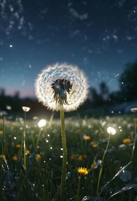 Moonlight night, ultra hd, realistic, vivid colors, highly detailed, UHD drawing, pen and ink, perfect composition, beautiful detailed intricate insanely detailed octane render trending on artstation, 8k artistic photography, photorealistic concept art, soft natural volumetric cinematic perfect light, dandelion field, dandelions flowing in the air, white glowing effects