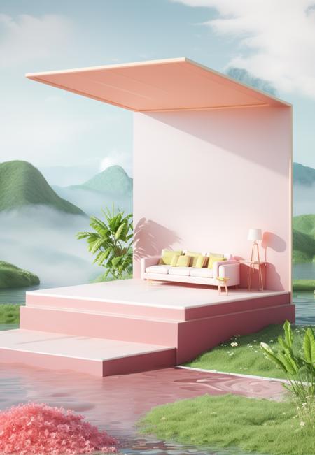 masterpiece,best quality,3ddianshang\(style\),no humans,day,scenery,sky,grass,leaf,cloud,outdoors,flower,table,blue sky,sofa,a living room,cup,mountain,stream,<lora:3Dçµåæ¨¡åV1_v1.0:0.7>,<lora:æ¢¦å¹»3Dåºæ¯_v1.0:0.5>,