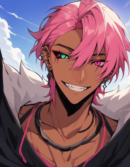 1boy, Kayne, League of Legends, hrstlxks style, solo, looking at viewer, smile, short hair, bangs, red eyes, 1boy, jewelry, green eyes, pink hair, earrings, outdoors, sky, teeth, day, fang, dark skin, pink eyes, grin, heterochromia, scar, piercing, ear piercing, portrait, colored sclera, black sclera, indoors, masterpiece, best quality , <lora:HeartsteelSDXL:0.8>