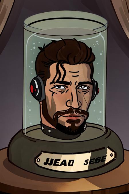 Highly detailed, High Quality, Masterpiece, beautiful, Head in Jar, <lora:HeadinJar-05:0.9>, 1boy, jar, head only, Jetstream Sam, facial hair, male focus, beard, cyborg, <lora:Char_MGR_JetstreamSam:0.7>