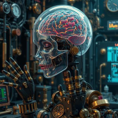 steampunk style a cyberpunk girl with a transparent skull revealing her cybernetic brain, manipulating information in a futuristic tech lab, her mechanical hands moving with precision. antique, mechanical, brass and copper tones, gears, intricate, detailed