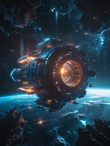 futuristic space station floating in space,  glowneon, glowing,   <lora:glowneon_xl_v1:0.7> ,   <lora:Desolation:0.4>, Cinematic photography, movie mood, cinematic light, compelling composition, storytelling elements, conveys emotion, mood, and narrative depth, creating visually striking images that feel like still frames from a film
