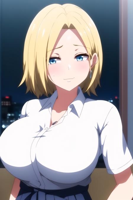 (Night:1.7), Japan, Tokyo, CityView, Before Window,
Standing at attention,
school_uniform,white shirt,collared shirt, Blue_pleated_skirt,
<lora:Reina_Hamazaki_Imaizumi-KK77-V1:0.7>,jewelry,collarbone,
blonde hair, blue eyes,short hair, 
1 girl, 20yo,Young female,Beautiful Finger,Beautiful long legs,Beautiful body,Beautiful Nose,Beautiful character design, perfect eyes, perfect face,expressive eyes,
looking at viewer, in the center of the image,(Upper_body),(close-Up),(Focus on her face),evil smile, 
official art,extremely detailed CG unity 8k wallpaper, perfect lighting,Colorful, Bright_Front_face_Lighting,
(masterpiece:1.0),(best_quality:1.0), ultra high res,4K,ultra-detailed,
photography, 8K, HDR, highres, absurdres:1.2, Kodak portra 400, film grain, blurry background, bokeh:1.2, lens flare, (vibrant_color:1.2)
(Beautiful,large_Breasts:1.4), (beautiful_face:1.5),(narrow_waist),