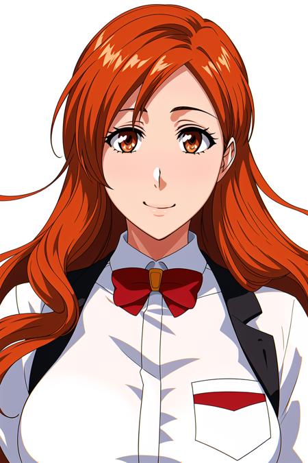 Simple White Background,
school uniform, shirt,jacket,red bowtie,
<lora:Orihime_Inoue_Bleach-KK77-V1:0.7>,
brown eyes,orange hair, very long hair,
<lora:Mariana_Luciano_NON_VIRGIN-KK77-V1:0.3>,<lora:more_details:0.1>,
1 girl, 20yo,Young female,Beautiful Finger,Beautiful long legs,Beautiful body,Beautiful Nose,Beautiful character design, perfect eyes, perfect face,expressive eyes,perfect balance,
looking at viewer,(Focus on her face),closed mouth, (innocent_big_eyes:1.0),Light_Smile,
official art,extremely detailed CG unity 8k wallpaper, perfect lighting,Colorful, Bright_Front_face_Lighting,shiny skin, 
(masterpiece:1.0),(best_quality:1.0), ultra high res,4K,ultra-detailed,
photography, 8K, HDR, highres, absurdres:1.2, Kodak portra 400, film grain, blurry background, bokeh:1.2, lens flare, (vibrant_color:1.2),professional photograph, 
(Beautiful,large_Breasts:1.4), (beautiful_face:1.5),(narrow_waist),