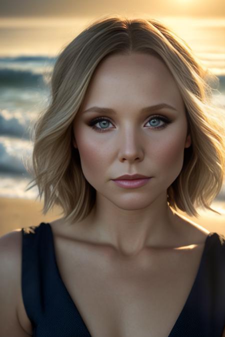 (sharp focus:1.2), photo,  kristenbell woman  (beautiful face:1.1), detailed eyes, luscious lips, (cat eye makeup:0.85),   wearing (romper:1.2) on a (beach:1.2).  (moody lighting:1.2), depth of field, bokeh, 4K, HDR. by (James C. Christensen:1.2|Jeremy Lipking:1.1). <lora:KristenBell:0.7>