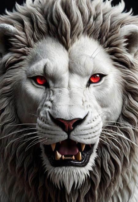 (2D: 1.6), Hyperrealistic art, white (demon-lion) face, lion (black and white) fur, red eyes, front view, (looking forward) . Extremely high resolution details, photographic, realism pushed to the limit, fine texture, incredibly lifelike, simple background, No shadows, (((black background))), (diffuse lighting: 1.6), (side by side: 1.6)