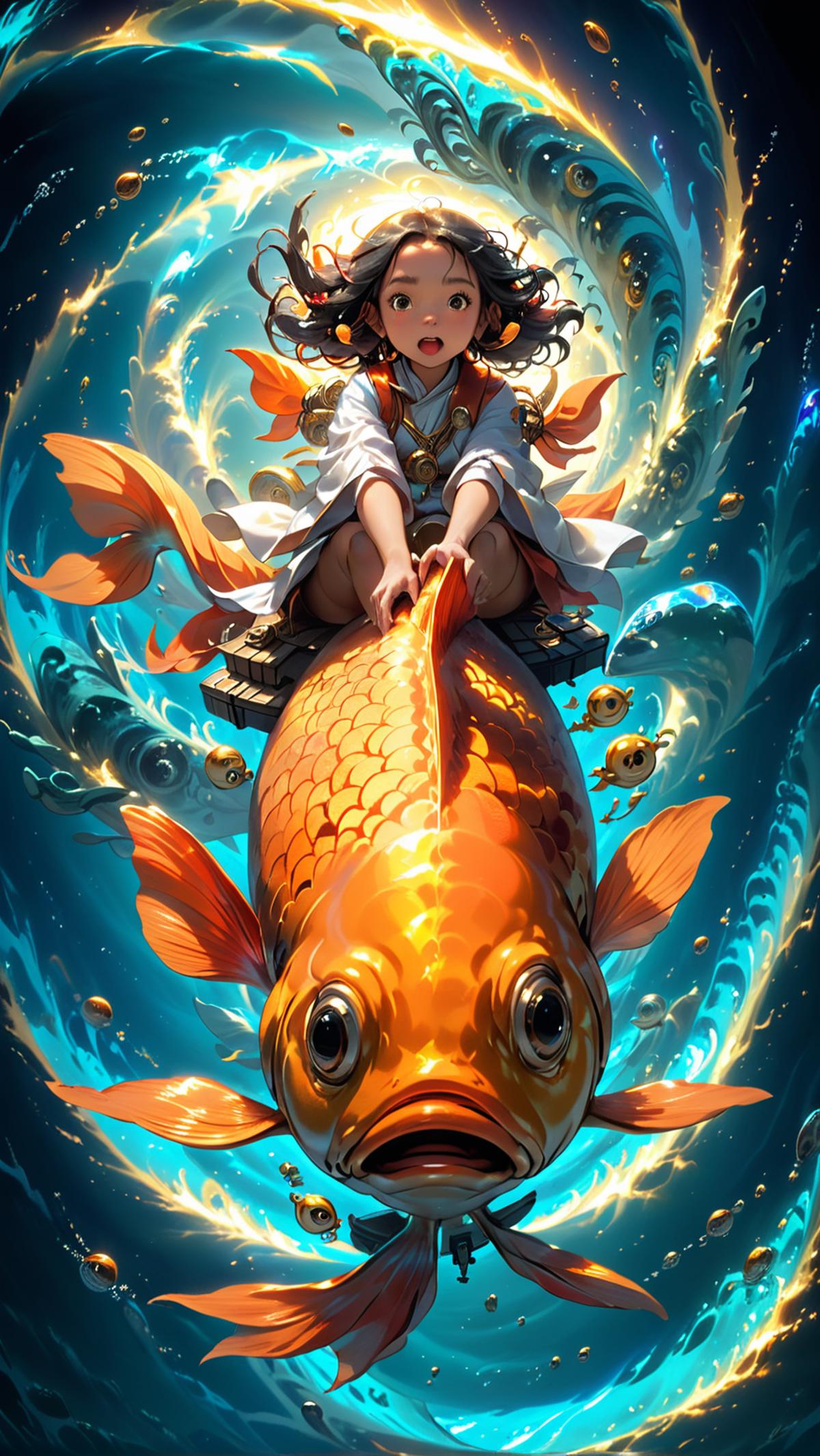 A young girl riding a magical goldfish in a blue ocean under the sky.