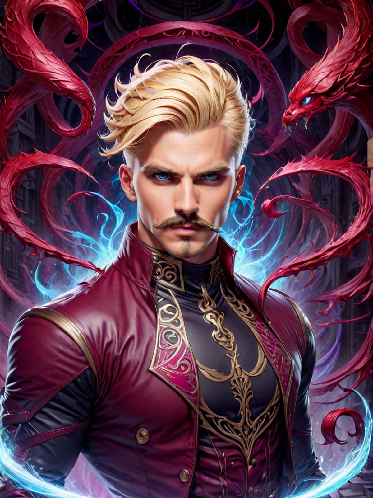magic male, full body, pencil mustache, blonde high fade hair, strong jaw, concentrated eyes, crimson, magical maze in bac...