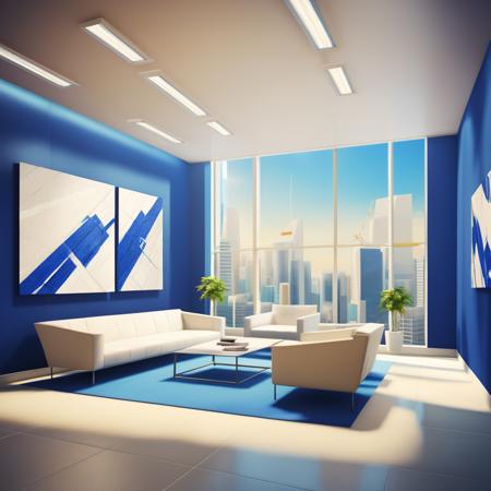 <lora:MirrorsEdge_v1.1:1>, Mirror's Edge style, sterile dark blue and white office room, two blue sofas, white potted plants, abstract painting on wall, glass pane windows, cityscape, 3D, anti-aliasing, highly detailed, octane render