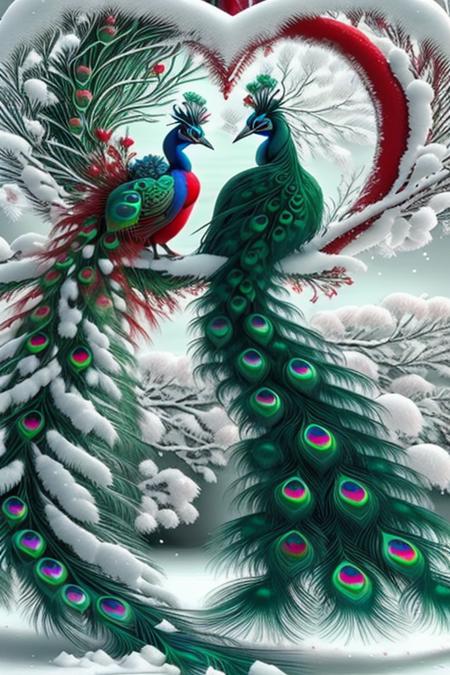 beautiful rime and snow scenery, couple of (red peacock) and (green peacock), full characters, side by side standing in branches, rime-like tails into the love heart shape, the earth is white, view from below,<lora:FairyTaleV20_SD1.5:0.9>