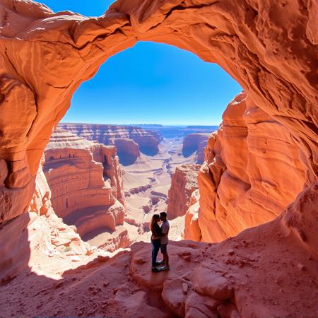 Grand Canyon. Couple standing center of arch. Big drop. Couple in love.