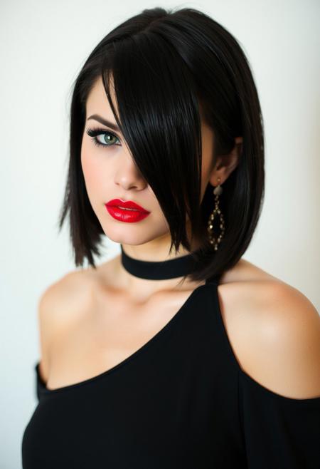 a gorgeous 20 years old caucasian woman, pale skin, black hair in bob haircut with bangs over her left eye, long black eyelashes, black mascara, black eyeliner, big dark green eyes, sparkling purple eyeshadow, luscious sensual red glossy lips, rouge, small breasts, black choker halter shoulder off Black Dress with sleeves, elegant earrings, looking at viewer playfully
