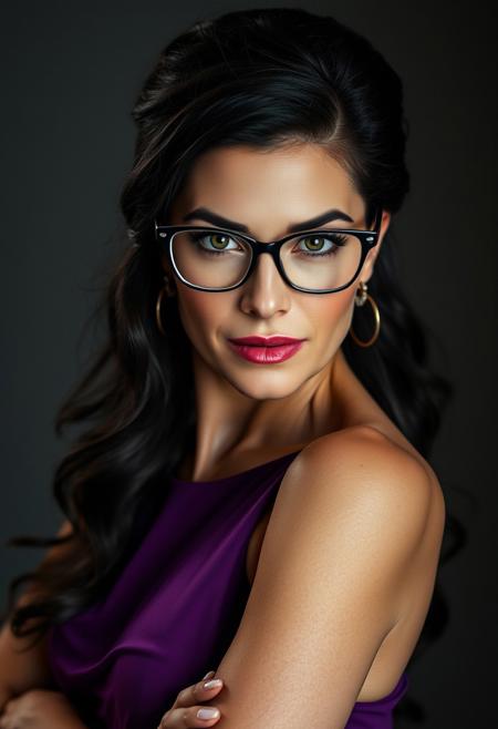 A captivating, elegant, and dominant 45-year-old Caucasian woman, exuding confidence and allure. She has long, flowing black hair styled in a sophisticated updo, framing her face and drawing attention to her piercing green eyes. Her gaze is intense, locked onto the viewer with a sensual, sure-of-herself expression. She wears a pair of elegant, intellectual glasses that enhance her allure. Her makeup is professionally applied, emphasizing her natural beauty with a touch of sophistication. She is dressed in a form-fitting, purple, sexy, yet elegant dress that accentuates her gorgeous curves. The lighting is dramatic, casting shadows and highlights that emphasize her confident and alluring persona.