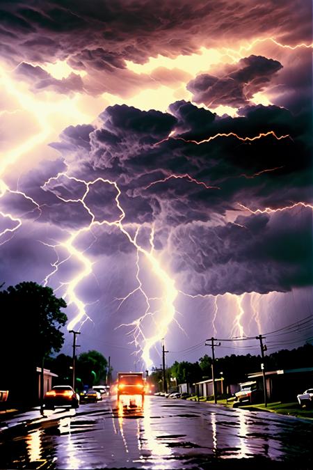 A climactic lightning storm, electric energy, thunderous roars, rain-soaked streets, cathartic release. , ronnie_rocket