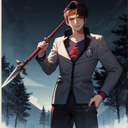 Masterpiece, best quality, 1boy, solo, smirk, looking at viewer, <lora:Brown:1>, brownp1, school uniform, goggles, goggles on head, standing, forest, night, <lora:UnlimitedBladeWorks1.6:0.9>, holding weapon, spear