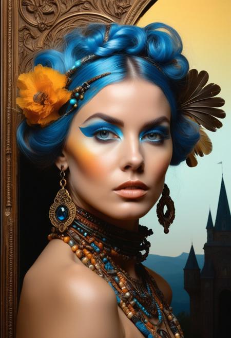 Provocative woman as main subject. castle as background.Gorgeous, beautiful, multicolored hair, blue eyes, excentic, Ben Bauchau, Michael Garmash, Daniel F Gerhartz, Clint Cearley, Carne Griffiths, Jean Baptiste Monge, strybk style, warm dreamy lighting, matte background, volumetric lighting, pulp adventure style, fluid acrylic, dynamic gradients, bold color, illustration, highly detailed, simple, smooth and clean vector curves, vector art, smooth, johan grenier, character design, 3d shadowing, fanbox, cinematic, ornate motifs, elegant organic framing, hyperrealism, posterized, masterpiece collection, bright lush colors, TXAA, penumbra, alcohol paint, wet gouache, ultrarealistic, film grain, surreal, moody, ethereal fantasy, amazing depth, cinematic film still, sharp focus, (James Christensen),bohemian,Boho gypsy, Gustav Klimt, (Anne Bachelier:1.2), (Lillian Bassman, Erwin Blumenfeld),shabby chic,, 1920s retrofuturism, industrial, art deco, coherent, (Dieselpunk:1.3)