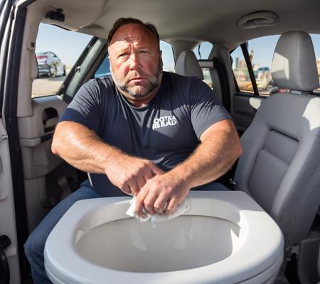 <lora:Alex Jones SDXL - Trigger is Alexjones Person:1> alexjones driving a( toilet car,:2.1) wearing a shirt that says, "gotta poop real bad!"