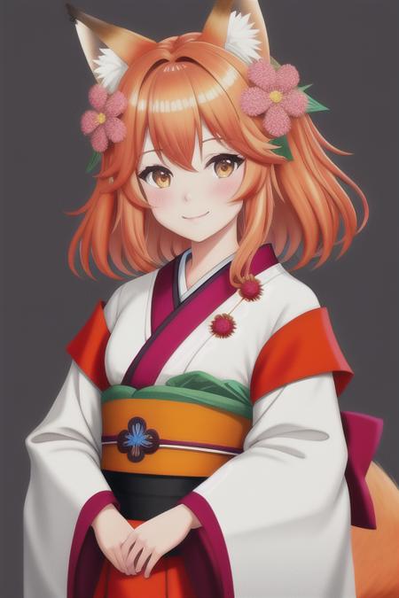 masterpiece, best quality, highly detailed, 1girl, solo, (:3:0.9), animal ear fluff, animal ears, orange hair, fluffy hair, blush, brown eyes, flower, fox ears, fox girl, gradient, gradient background, hair flower, hair ornament, japanese clothes, kimono, looking at viewer, miko, smile, solo, white kimono, beautiful lighting, (Lovis Corinth:1.3)