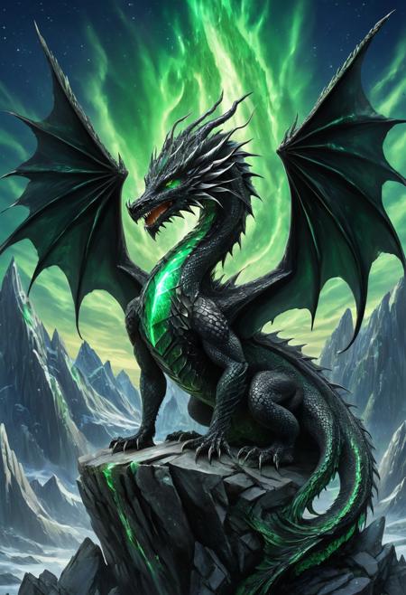 an ancient shadow dragon forged from polished obsidian, emerald light beaming through cracks along its wings and chest, perched atop a mountain of crystal ruins under a green aurora sky, its breath shimmering with magical light, scales reflecting stars, powerful and regal, high fantasy composition, hyperdetailed,