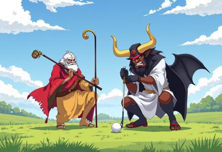 God and satan playing golf
Anime style