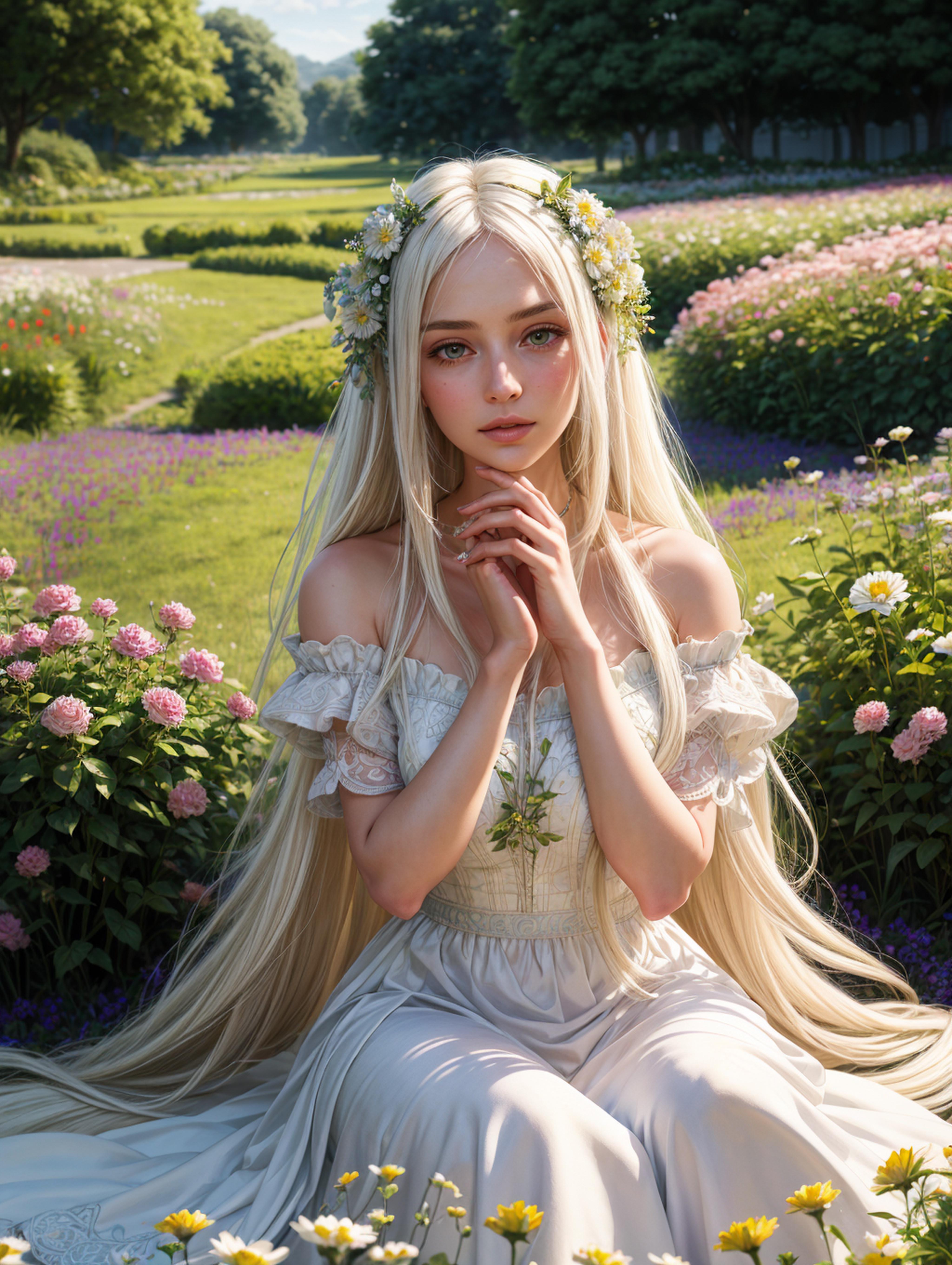 A blonde woman with flowers in her hair sitting in a field.