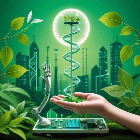 A symbolic representation of bioethics, 
featuring a balance between nature and technology. On one side, 
a human hand holds a DNA strand surrounded by green leaves and plants, 
symbolizing life, 
growth, 
and nature. On the other side, 
a robotic hand holds a circuit board with glowing lines, 
representing technology, 
artificial intelligence, 
and scientific advancement. Between the hands, 
a scale balances the ethical dilemmas of science and nature. In the background, 
a peaceful landscape merges with futuristic cityscape, 
illustrating the harmony and conflict between these two realms, 
incorporate animals