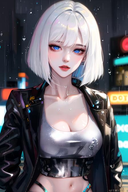 1girl, bangs, white hair, blue eyes, fashi-g,bob cut,short hair, cleavage, collarbone, open jacket,mecha,cyberpunk,neon lights,large breasts,mature female,shiny skin,rain,water drop