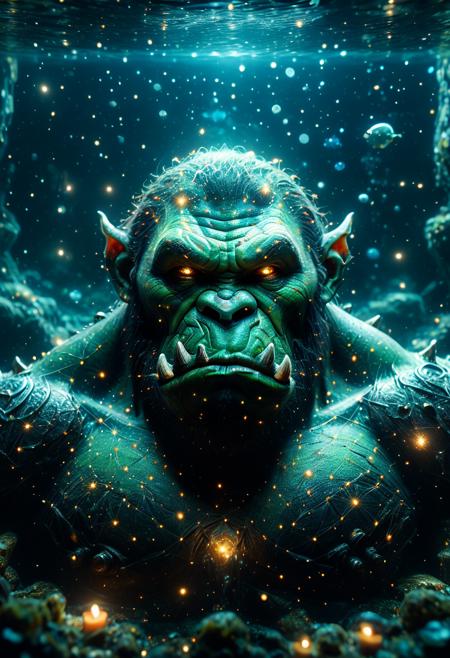 score_9, score_8_up, score_7_up, ultra details, high details, absurdres, masterpiece, best quality, 2k, 4k, very aesthetic, A impressionistic 50mm cartoonish extrem-close-up shot of Orc, set in A deep-sea abyss illuminated by eerie glowing creatures, a dynamic lying pose and an lonely expression. The scene is illuminated by Gentle candlelit glow, enhancing the eerie atmosphere. shadows stretching unnaturally across the walls. The details are ultra-HD, with stunning textures, lifelike depth, and 8k quality. Every element is meticulously crafted, captures the essence of the motif in breathtaking resolution. (starry_morph:1.2), <lora:Starry_Morph_PonyXL:1.1>, <lora:add-detail-xl:1>, <lora:JuggerCineXL2:1>,