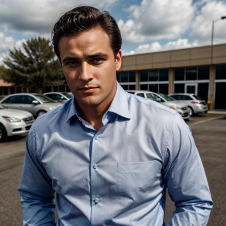 close-up photo of a man, parking lot, dress shirt, pants, suit, work clothes, looking to viewer, cinematic lighting, detailed face, detailed eyes, masterpiece, high_res, perfect face, looking at viewer, detailed, high quality, m4r10n,  <lora:brando301:.5>