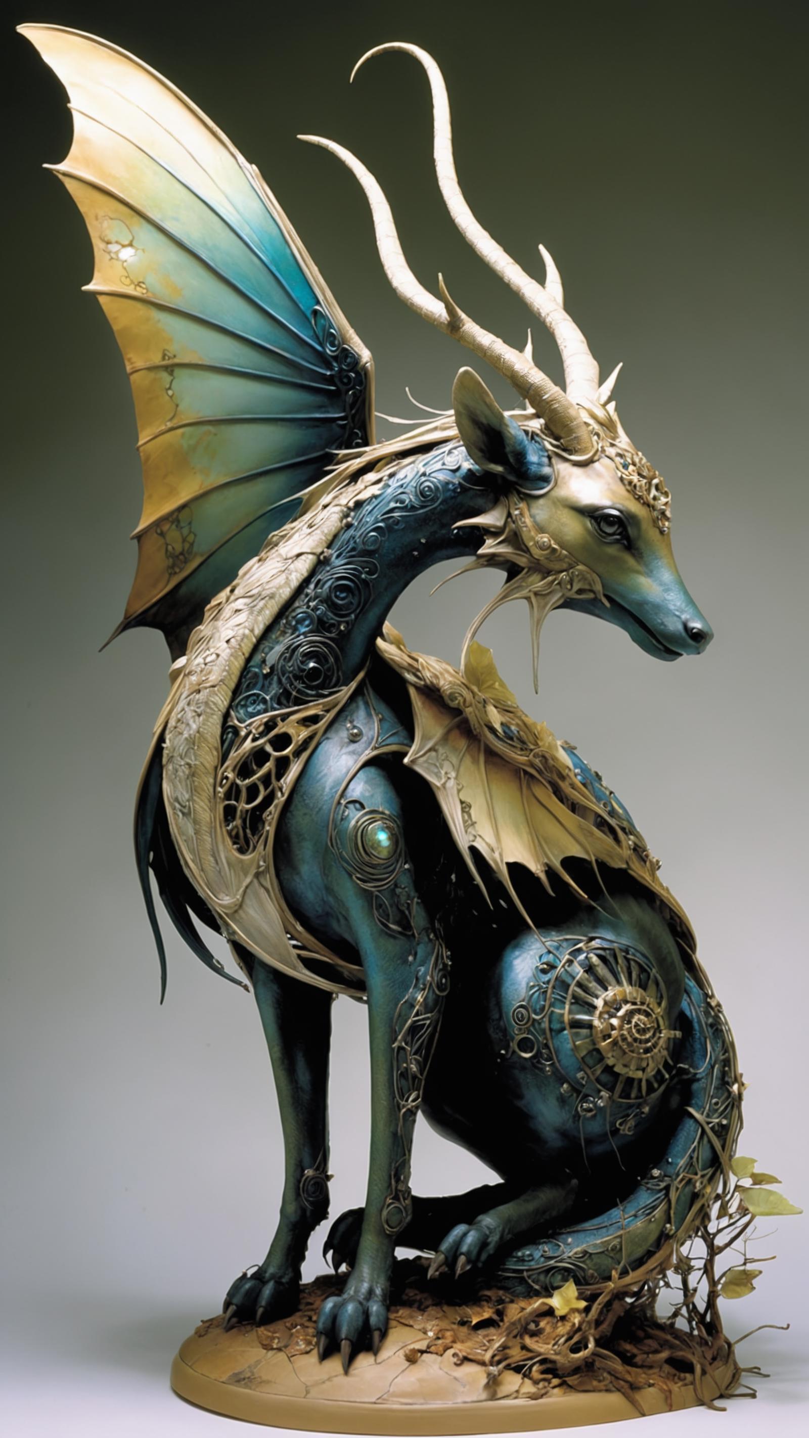 A blue and gold dragon sculpture with wings and horns.