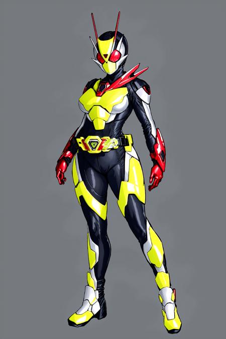 ((masterpiece,best quality)),kamen rider zero two, kamen rider, tokusatsu, rider belt, red eyes, (solo, 1girl, mature female,large breasts,wide hips,thighs), female focus, looking at viewer, standing, full body, armor, red gloves, (skin tight bodysuit), antennae, clenched hands, scarf, glowing, <lora:kamen_rider_zero_two-10:0.7>