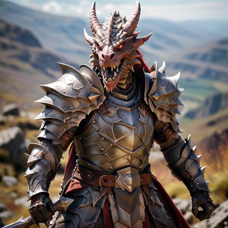 highly detailed photo of a (dragonkin):1.2 in a mountainside,

dragonkin, solo, open mouth, red eyes, holding, weapon, horns, teeth, sword, holding weapon, armor, blurry, blurry background, holding sword, sharp teeth, shoulder armor, gauntlets, pauldrons, breastplate, full armor, chainmail,

in a mountain pass with rocks and stones,

depth of field:1.2, blurry, blurry background,
realistic:1.3,

photorealistic,
fantasy, cinematic,
32k, best quality, 
god rays:1.2,
dappled sunlight:1.1,




