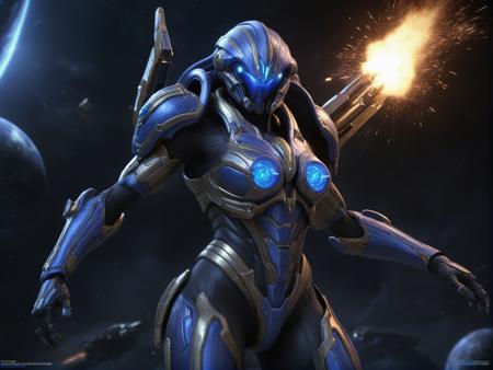 Create a high-resolution digital artwork depicting an epic scene from the game StarCraft II: Legacy of the Void, inspired by the game's trailer. The scene should feature a powerful female Terran warrior in an advanced, futuristic combat suit, armed and ready for battle. Showcase the intricate details of her armor, emphasizing the sleek, high-tech design, metallic finish, and advanced weaponry. Use the color palette, textures, and materials seen in the trailer, including dark metallic tones, glowing blue energy highlights, and realistic wear and tear on the armor. The background should feature a chaotic battlefield with Terran, Protoss, and Zerg forces clashing, reminiscent of the dramatic scenes from the trailer. Highlight the tension and drama of the moment, with explosions, energy blasts, and dynamic action. Use strong, contrasting colors and lighting to emphasize the power and determination of the female warrior, capturing her as a central figure in the heat of the battle, with a cinematic and intense atmosphere