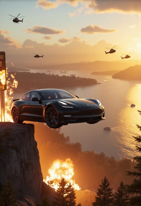 A sleek, black Electric Car leaps off a cliff, smashing through a billboard as an explosion erupts below. In the background, a sprawling Mountain lake glows under the setting sun, with helicopters giving chase.  
 , aidmagta6